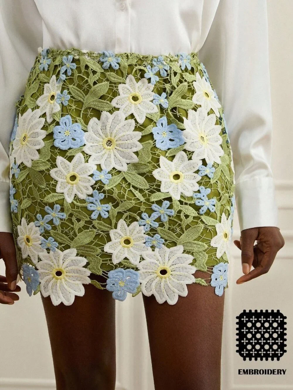 Green Elegant Women's French Luxury Crochet  Lace Floral High Waist Skirt